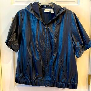 Chico’s Navy (size 2 same as 12/14) Short sleeve Hooded Jacket NWOT.